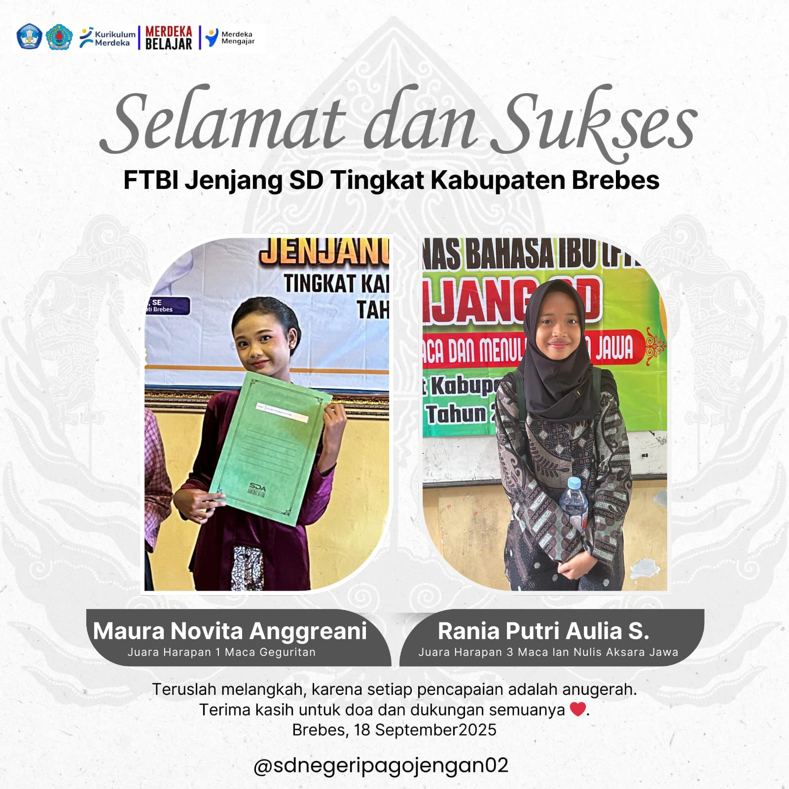 Juara Harapan 1 Maca Geguritan Tingkat Kab. Brebes